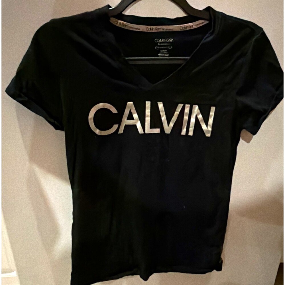 Calvin Klein Women’s Black V-Neck Short Sleeve Logo Knit T-Shirt Size S
